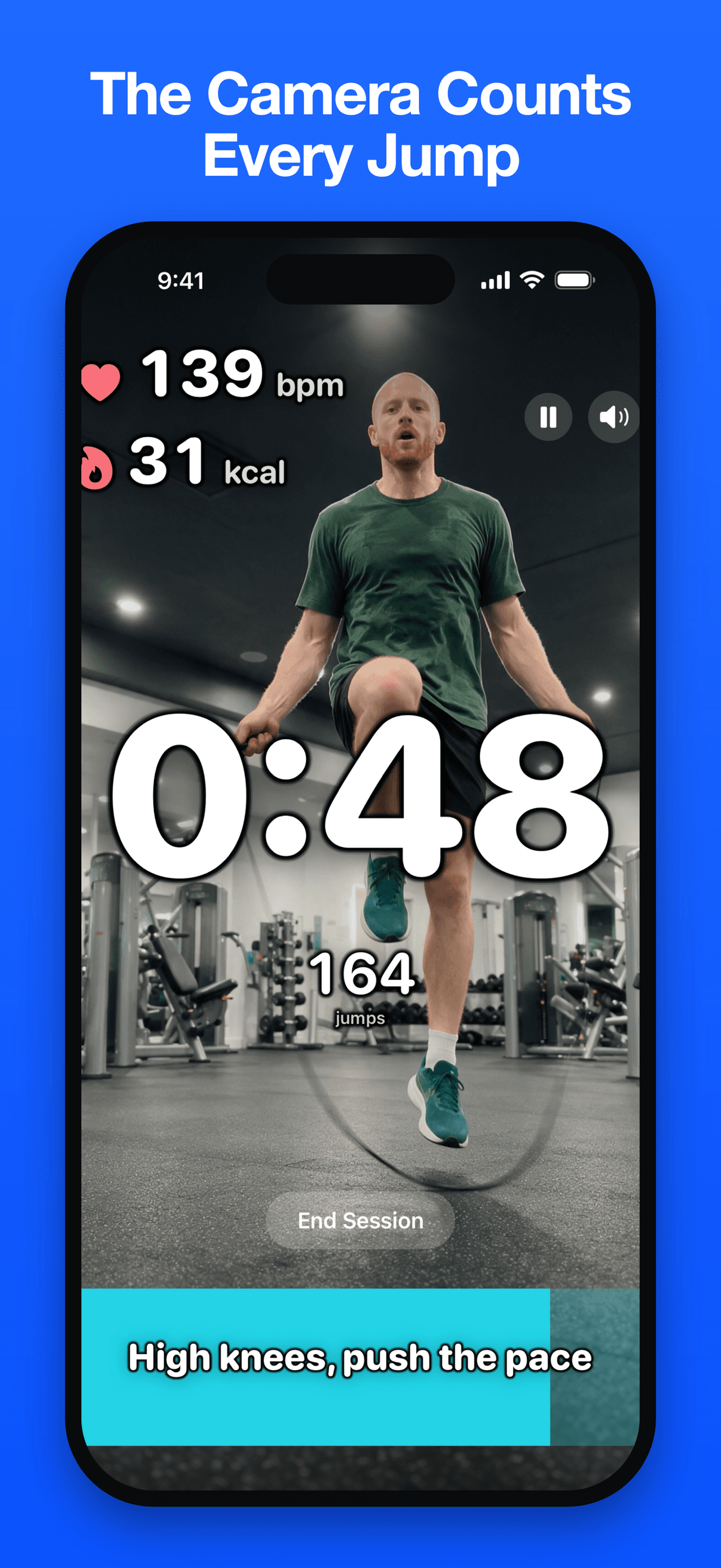 Jump Start camera workout with live jump count, countdown timer, heart rate, and a coaching cue