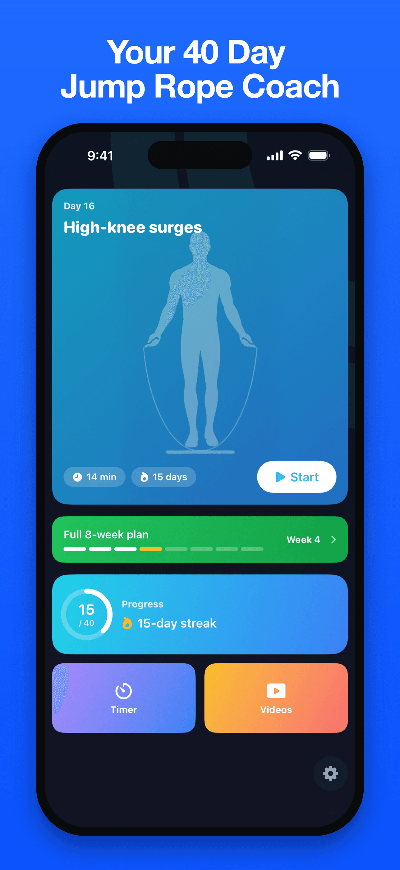 Jump Start home screen with today's session, 8-week plan progress, and streak