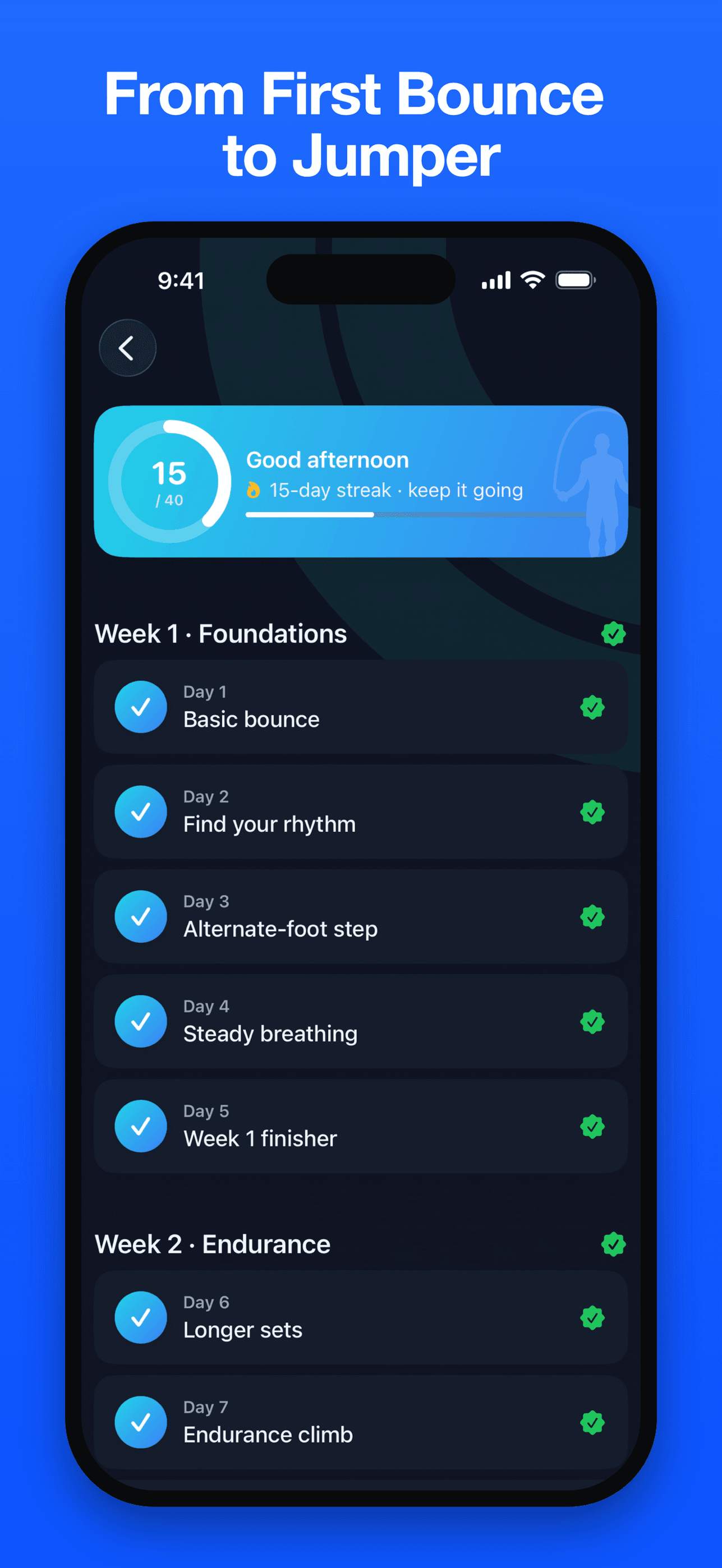 Jump Start 8-week plan with completed sessions by week