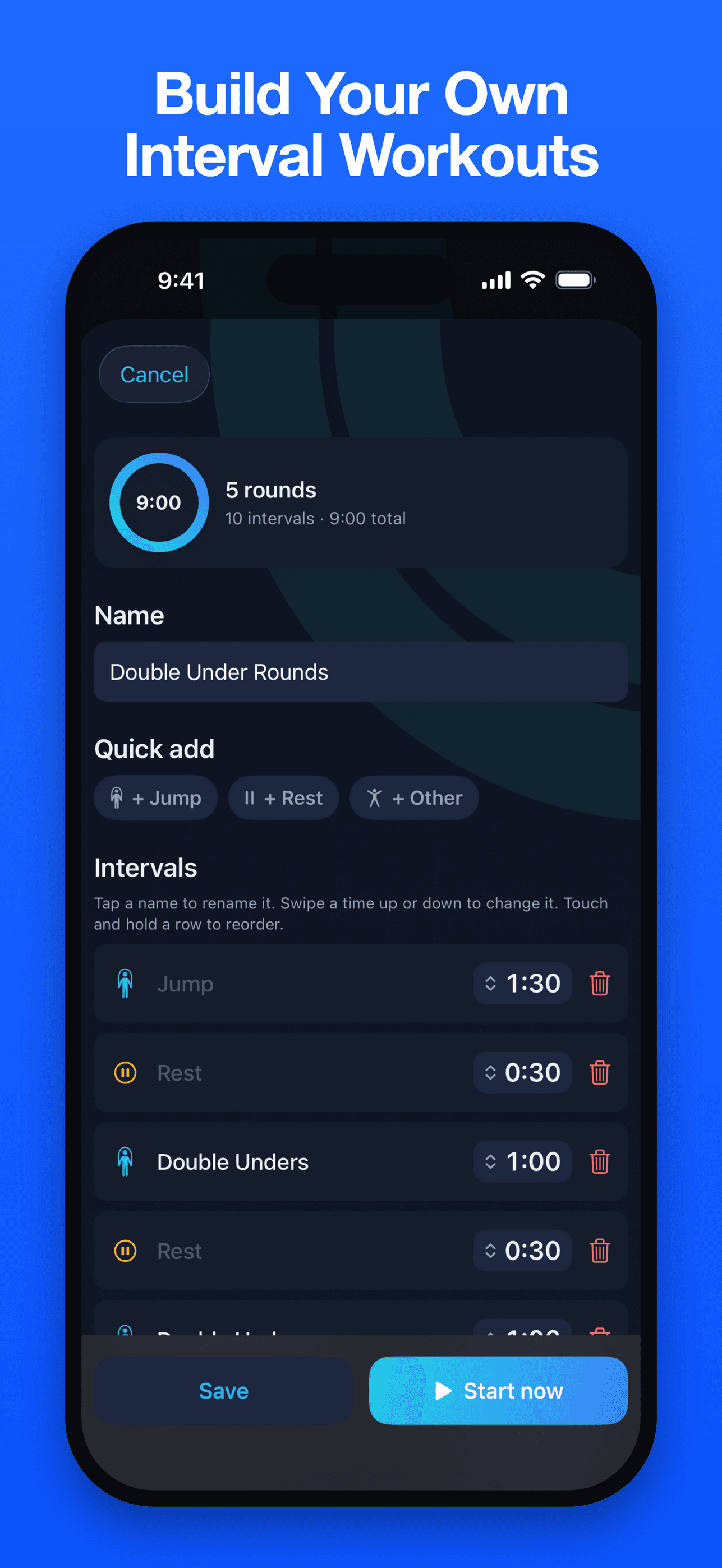 Jump Start custom interval workout editor